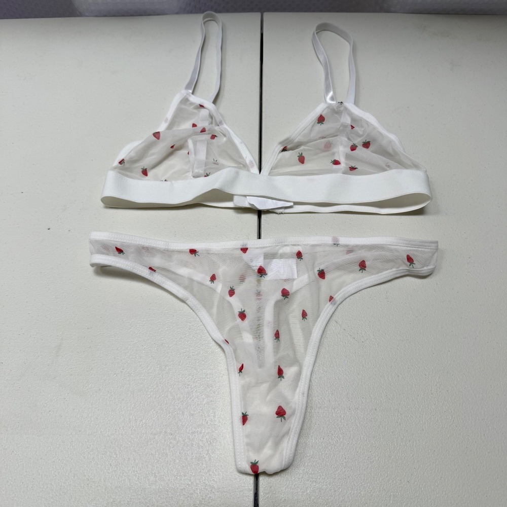 Semi-sheer Mesh Wireless Bralette & Thong Lingerie Set White w/ Strawberries